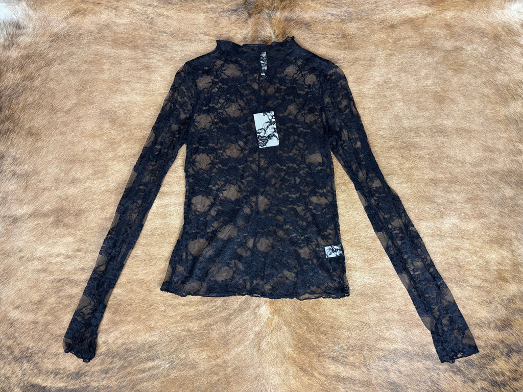 Sheer Floral Lace Mock-Neck Long-Sleeve Thumbhole Top
