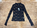 Sheer Floral Lace Mock-Neck Long-Sleeve Thumbhole Top