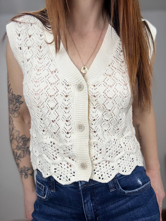 Knit Sweater Cotton Crochet Button Down Vest Top