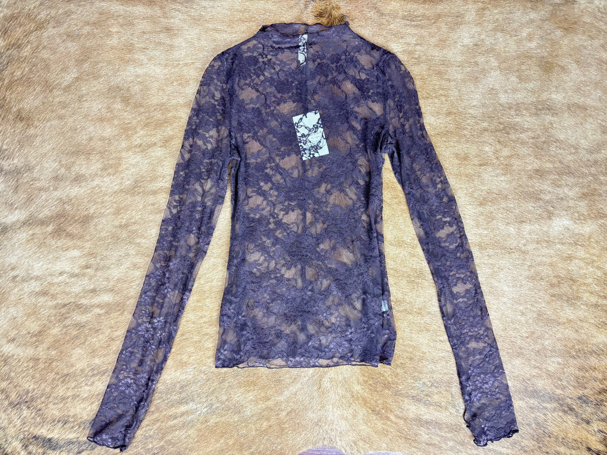 Sheer Floral Lace Mock-Neck Long-Sleeve Thumbhole Top