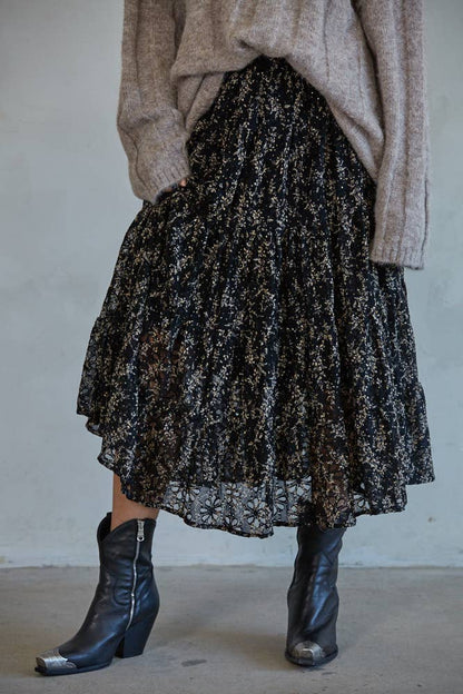 Woven Nylon Spandex Floral Lace Flare Midi Skirt