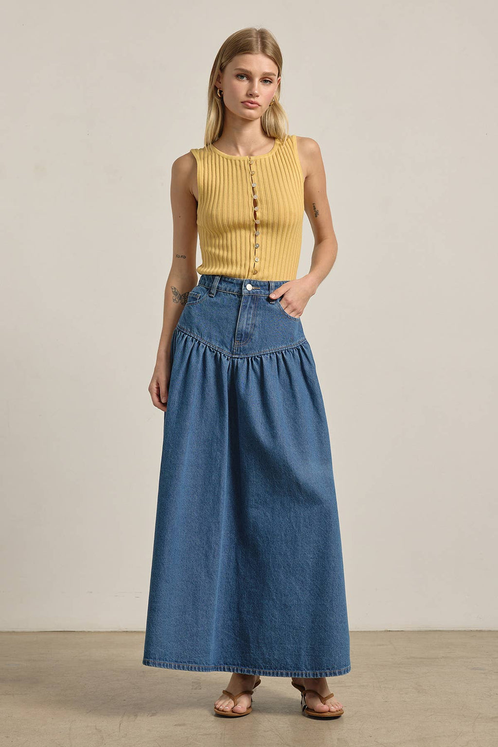 Tiered Denim Maxi Skirt