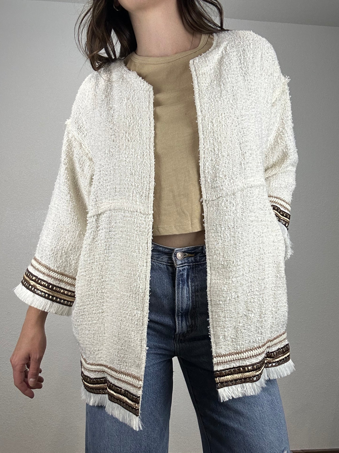 Woven Cotton Polyester Tweed Long Sleeve Jacket