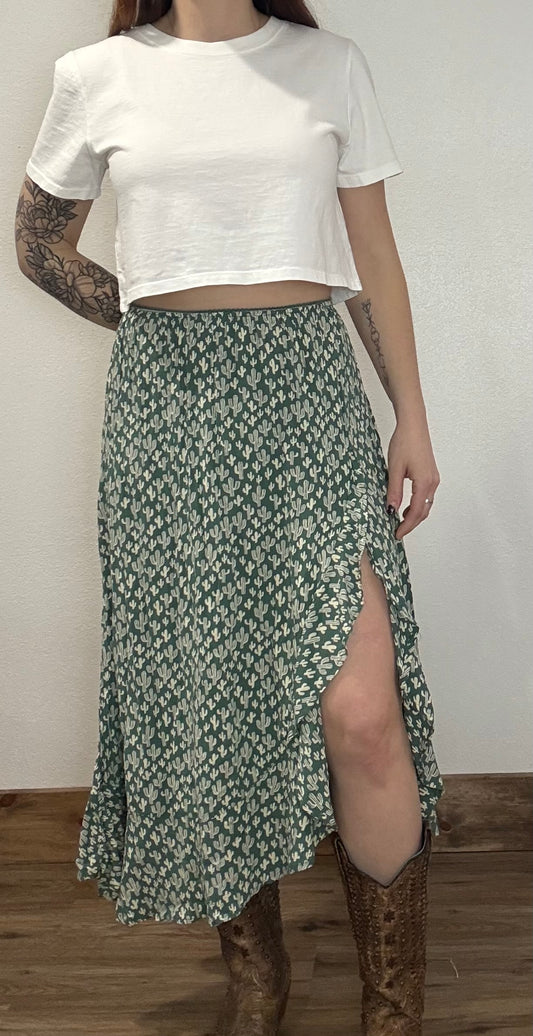 ELASTIC WAIST RUFFLE SLIT CACTUS PRINT SKIRT