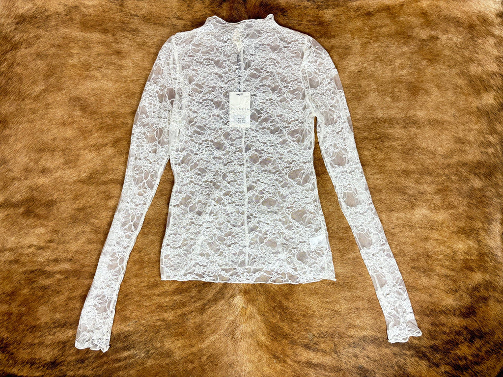 Sheer Floral Lace Mock-Neck Long-Sleeve Thumbhole Top