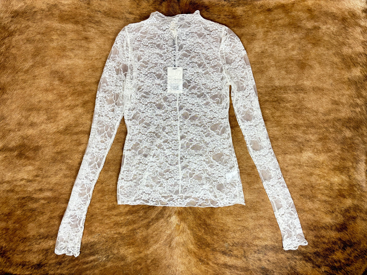 Sheer Floral Lace Mock-Neck Long-Sleeve Thumbhole Top