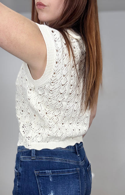 Knit Sweater Cotton Crochet Button Down Vest Top