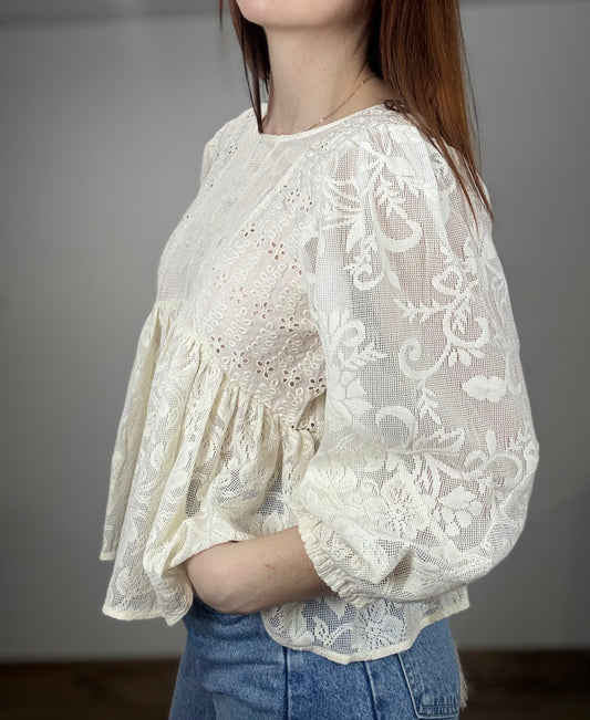 Woven Cotton Long Sleeve Open Back Lace Top