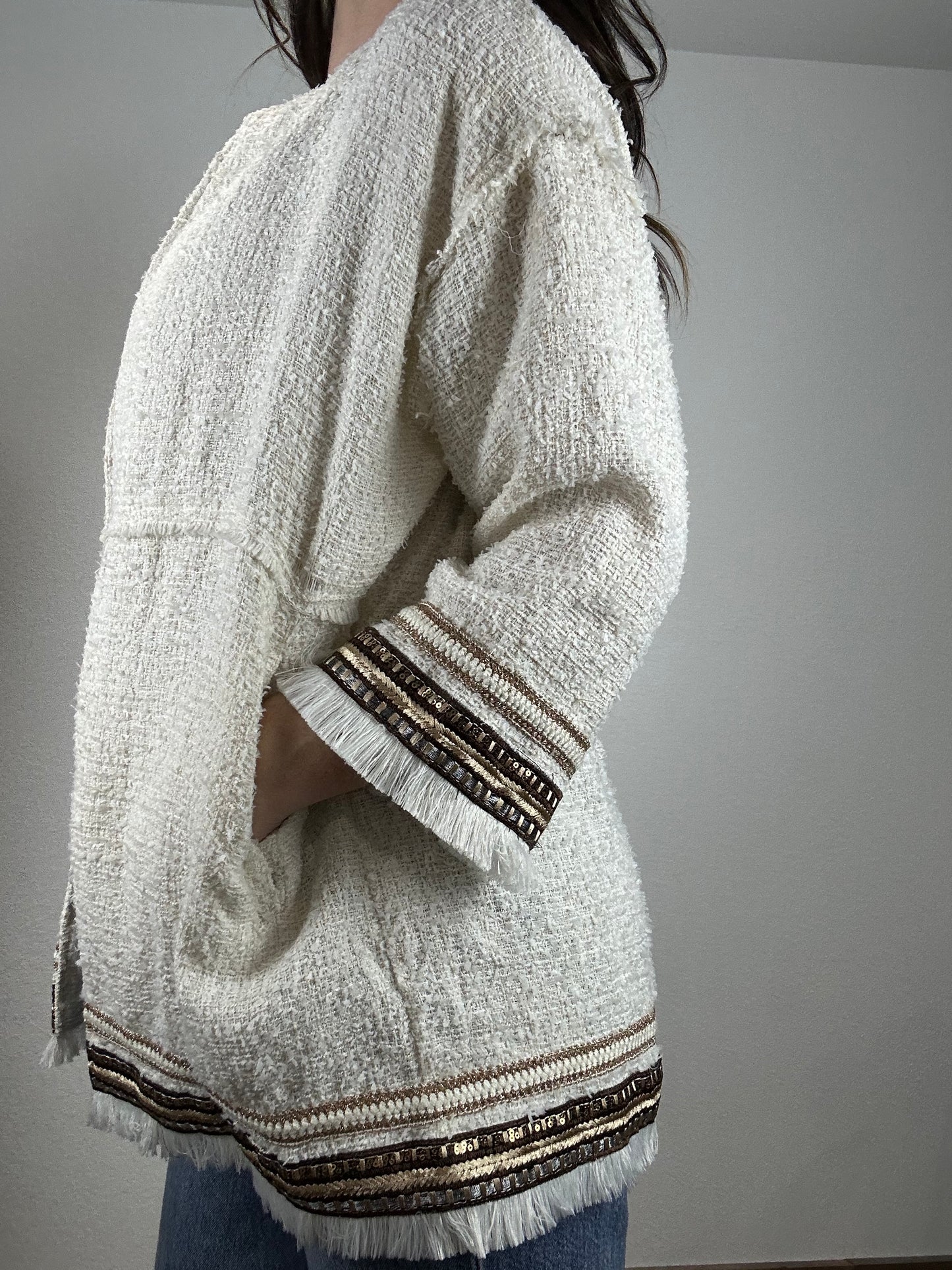 Woven Cotton Polyester Tweed Long Sleeve Jacket