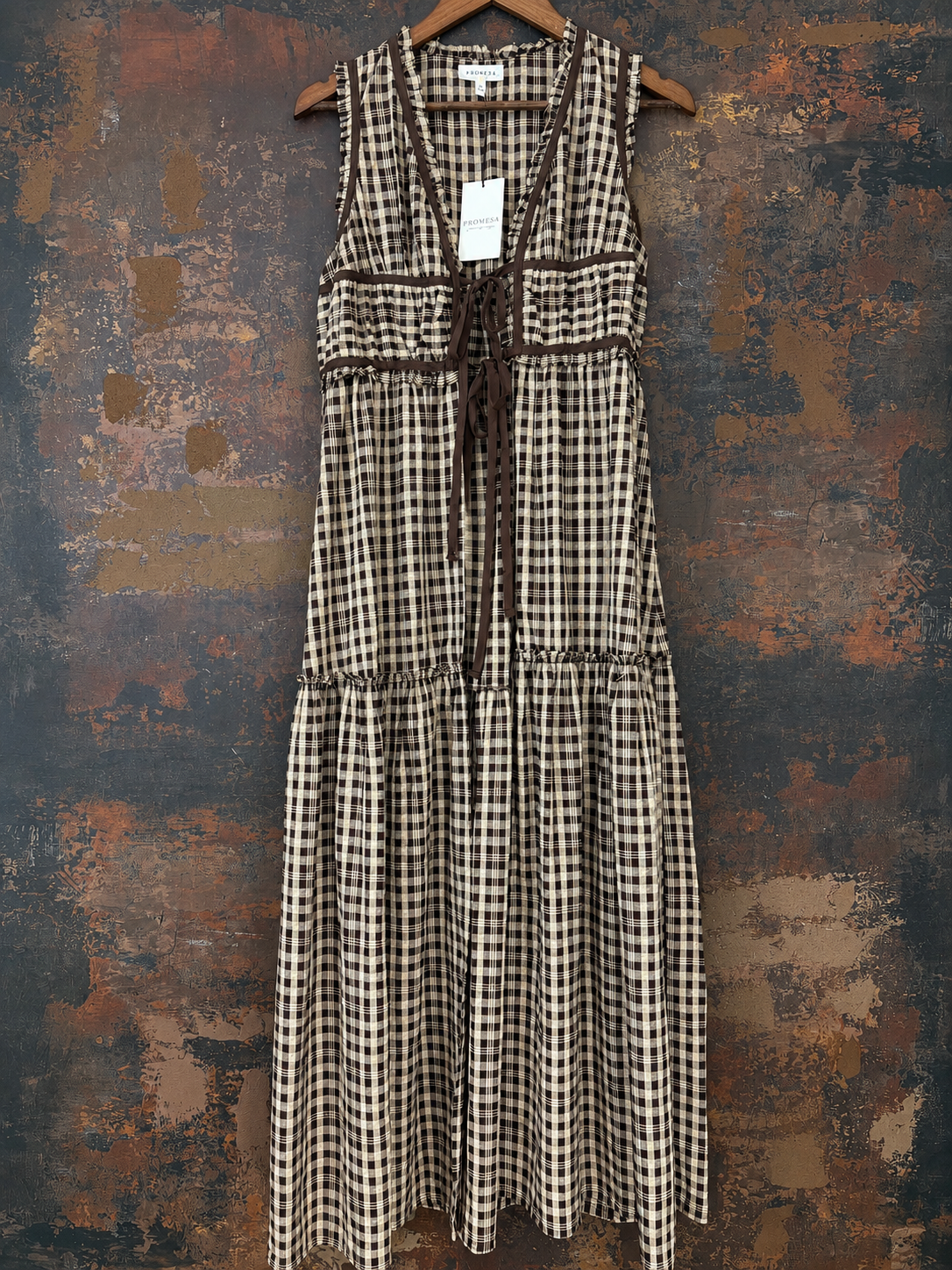 Plaid Sleeveless Tie-Front Ankle-Length Maxi Top