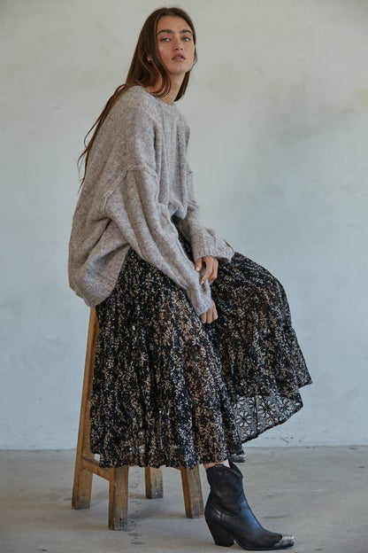 Woven Nylon Spandex Floral Lace Flare Midi Skirt