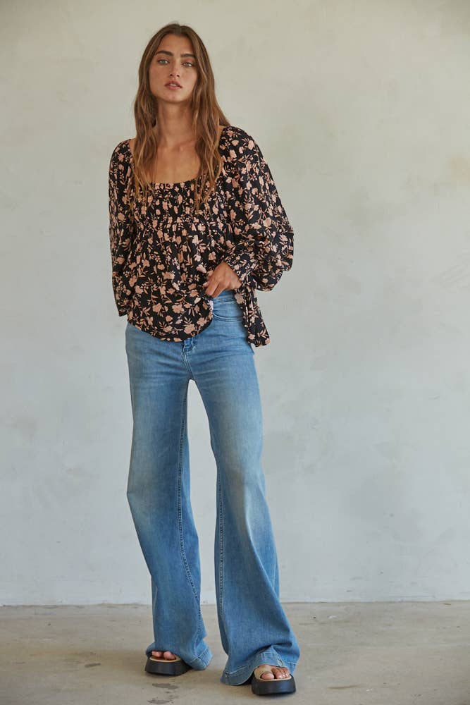 Woven Rayon Floral Print Flare Top