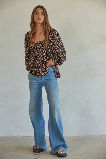 Woven Rayon Floral Print Flare Top